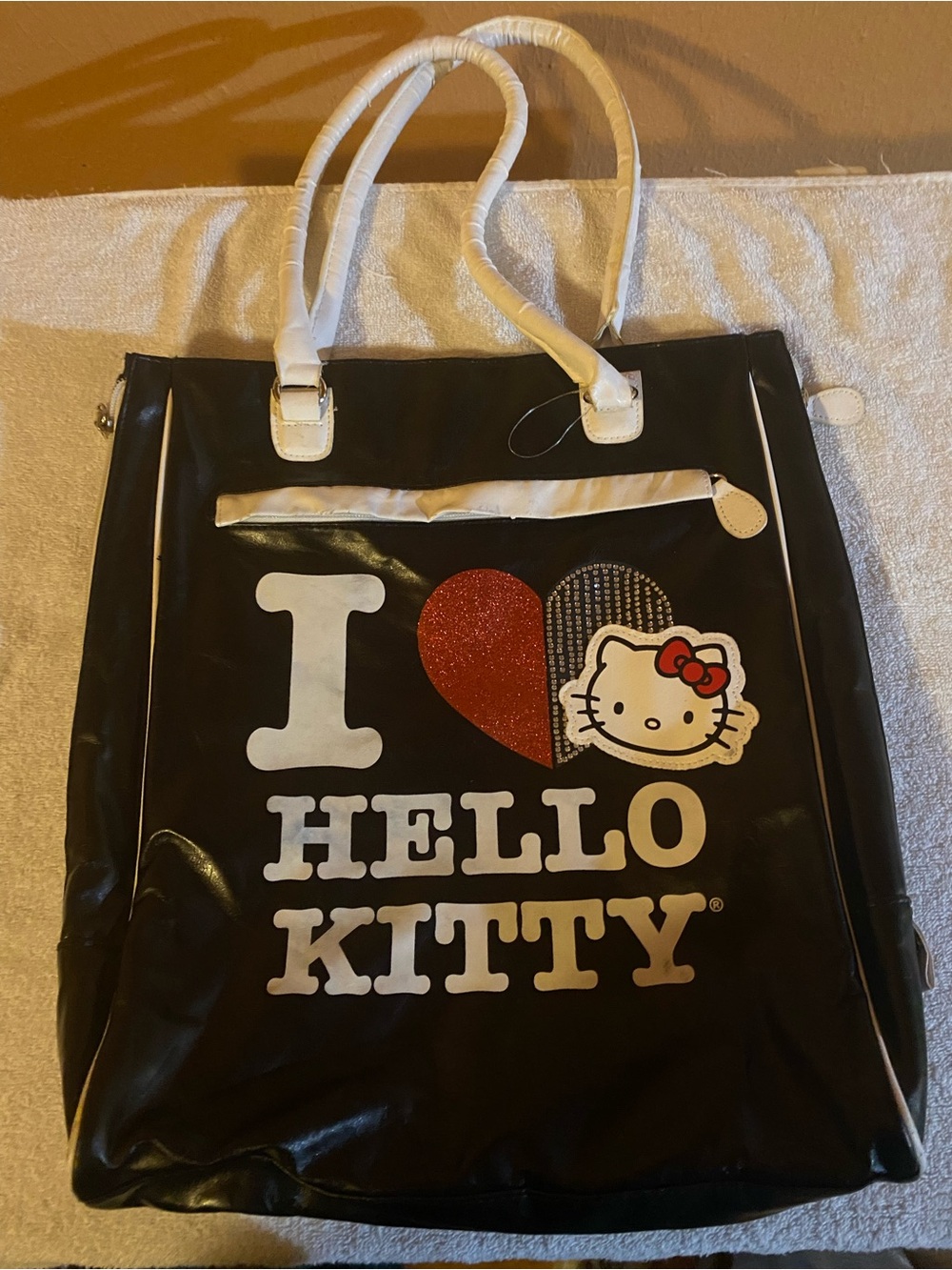 VTG Y2K Sanrio I Love Hello Kitty Black Tote Shoulder Bag Rhinestone Heart